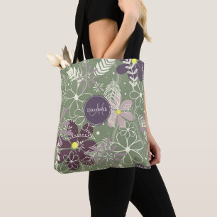 sage purple plum lilac feathers flowers pattern tote bag