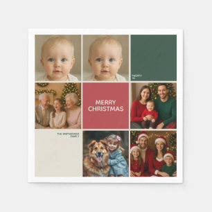 Sage RED beige Photos collage Christmas new year Napkin