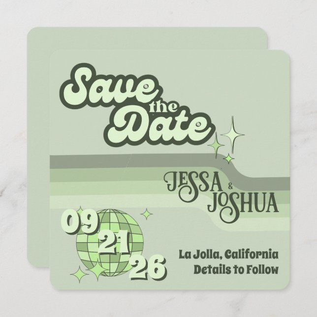 Sage Retro Funky Disco Wedding - Save the Date Invitation (Front/Back)