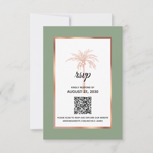 Sage Rose Gold Copper Palm Tree QR Code Wedding RSVP Card (Front)