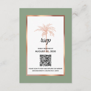 Sage Rose Gold Copper Palm Tree QR Code Wedding RSVP Card