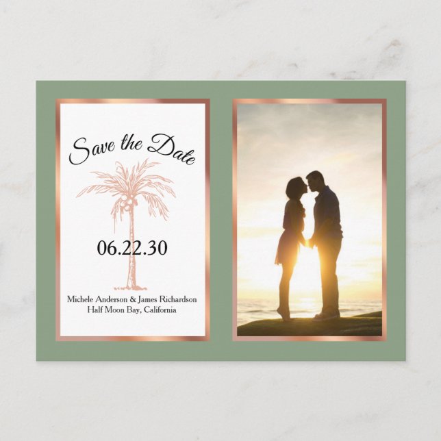 Sage Rose Gold Palm Wedding Save The Date Photo Announcement Postcard (Front)