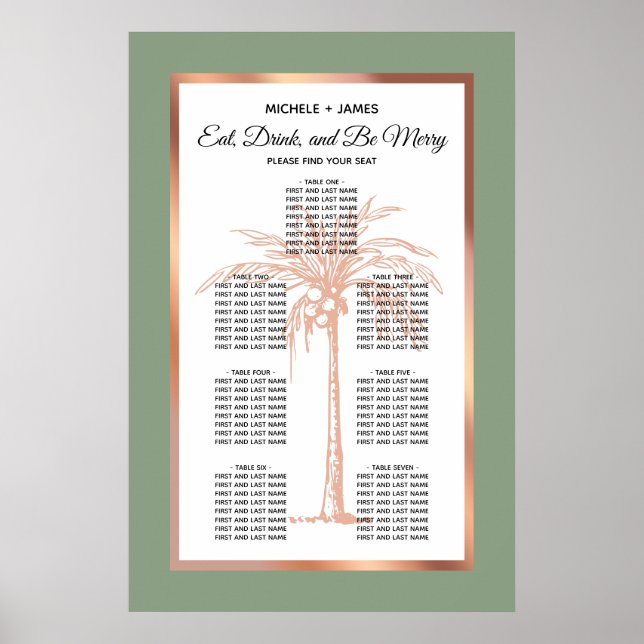 Sage Rose Gold Tropical Palm Wedding Seating Chart (Front)