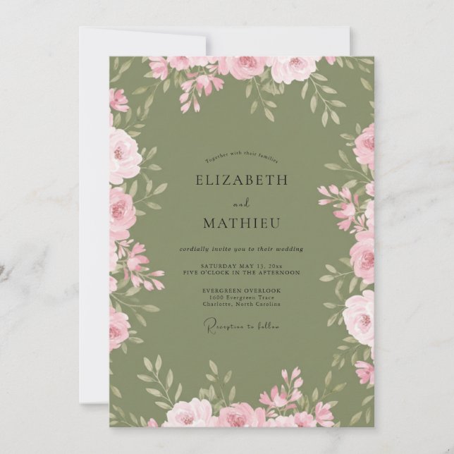 Sage Rose Watercolor Botanical Wedding Invitation (Front)