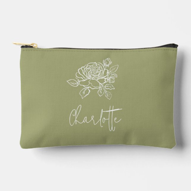 Sage Roses  Floral Custom Name Accessory Pouch (Front)
