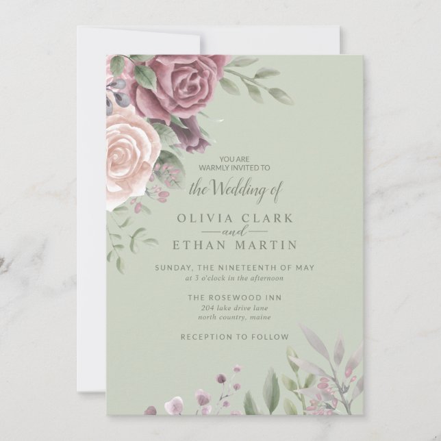 Sage Rustic Dusty Rose Watercolor Boho Flowers Inv Invitation (Front)