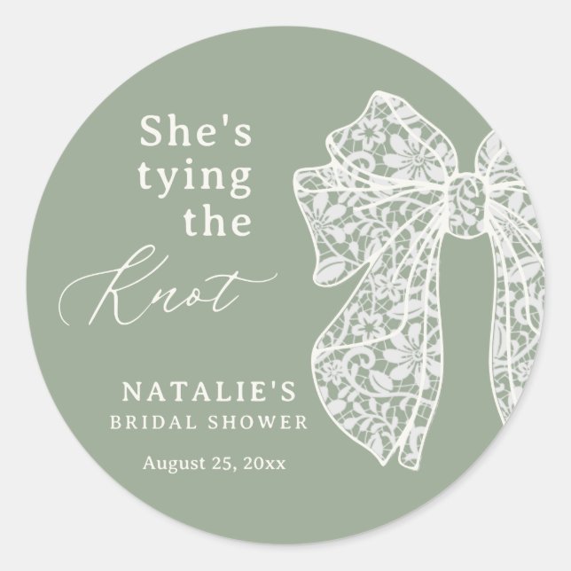 Sage Script Bow She's Tying the Knot Bridal Shower Classic Round Sticker (Front)