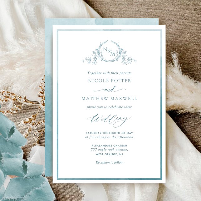 Sage Sea Glass Watercolor Elegant Monogram Wedding Invitation (Creator Uploaded)