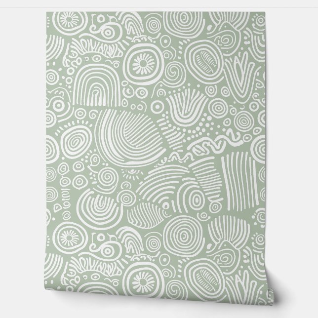 Sage Serenity: Whimsical Doodle Wallpaper (Unrolling)