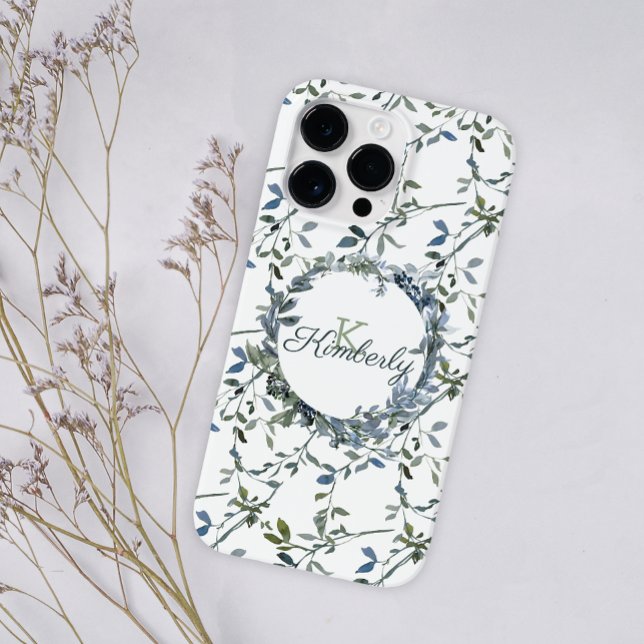 Sage Silver Green Floral Monogram Name Case-Mate iPhone Case (Creator Uploaded)
