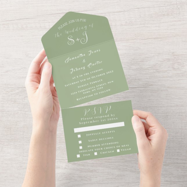 Sage Simple Elegant Script Green Wedding All In One Invitation (Tearaway)
