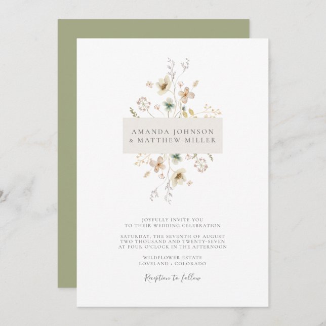 Sage Simple Minimal Elegant Pressed Floral Wedding Invitation (Front/Back)