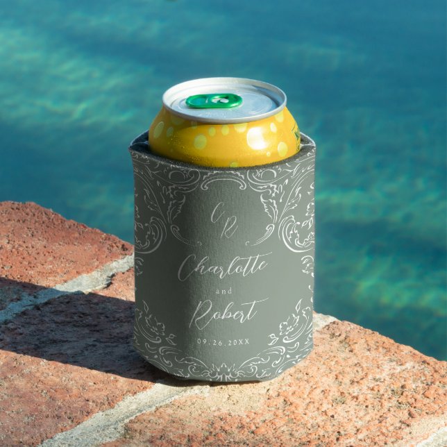 Sage Sketched Vintage Flourish Monogram Wedding Can Cooler (In Situ Pool)