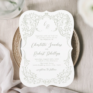Sage Sketched Vintage Flourish Monogram Wedding Invitation