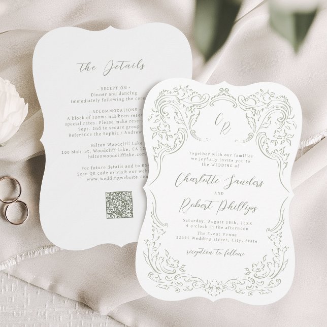 Sage Sketched Vintage Flourish Monogram Wedding Invitation (Sage Sketched Vintage Flourish Monogram Wedding Invitation)