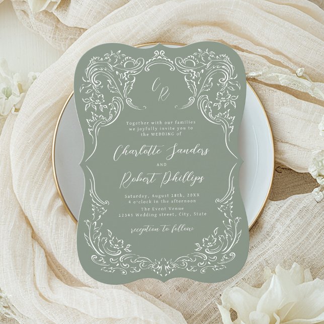 Sage Sketched Vintage Flourish Monogram Wedding Invitation (Sage Sketched Vintage Flourish Monogram Wedding Invitation)