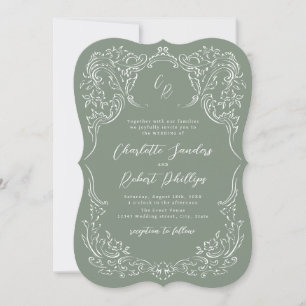 Sage Sketched Vintage Flourish Monogram Wedding Invitation