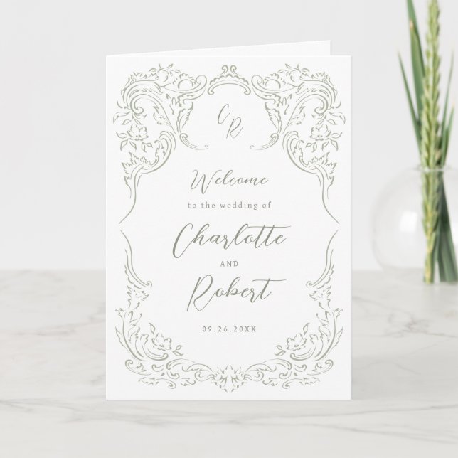 Sage Sketched Vintage Flourish Monogram Wedding Programme (Front)