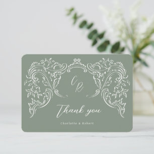 Sage Sketched Vintage Flourish Monogram Wedding Thank You Card