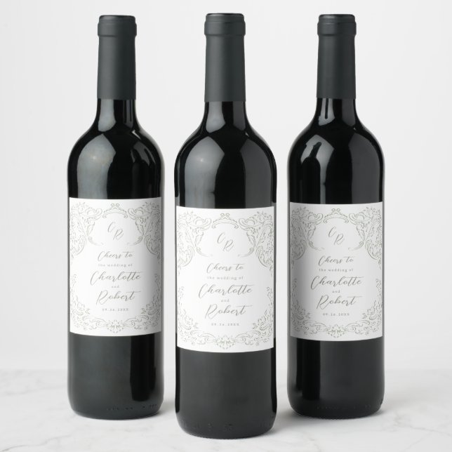 Sage Sketched Vintage Flourish Monogram Wedding Wine Label (Bottles)