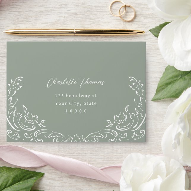 Sage Sketched Vintage Flourish RSVP Envelope (Wedding)