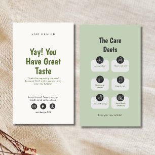 Sage Social Media Tumbler Care Instructions Card