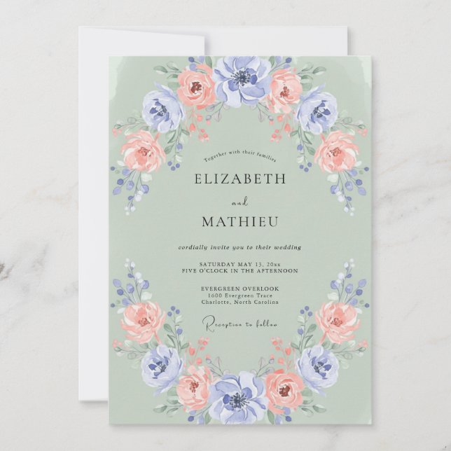 Sage Soft Floral Wreath Wedding Invitation (Front)