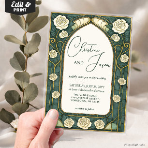 Sage Stained Glass Floral Art Nouveau Wedding Acrylic Invitations