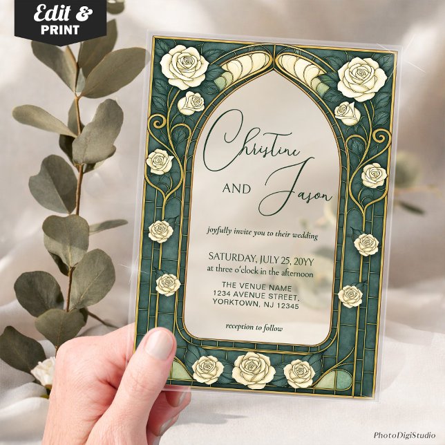 Sage Stained Glass Floral Art Nouveau Wedding  Acrylic Invitations (Custom Sage Stained Glass Floral Art Nouveau Wedding Acrylic Invitations)