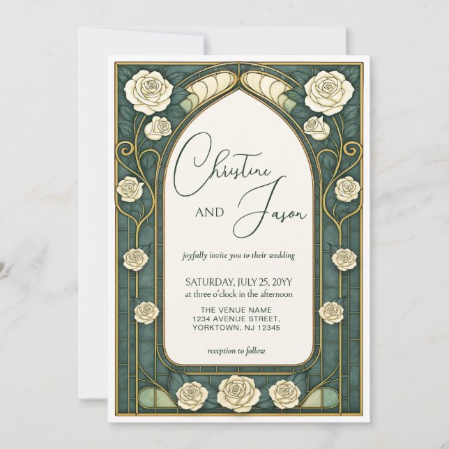 Sage Stained Glass Floral Art Nouveau Wedding  Invitation (Front)