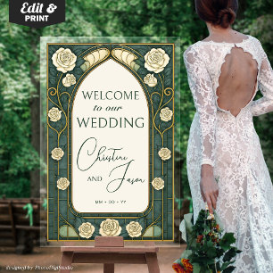 Sage Stained Glass Floral Wedding Welcome Acrylic Sign