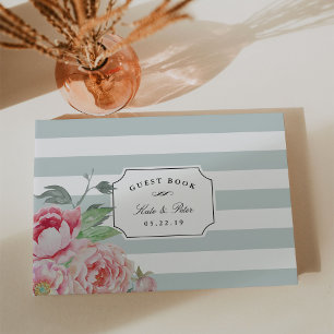 Sage Stripe & Antique Blush Peony Wedding Guest Book
