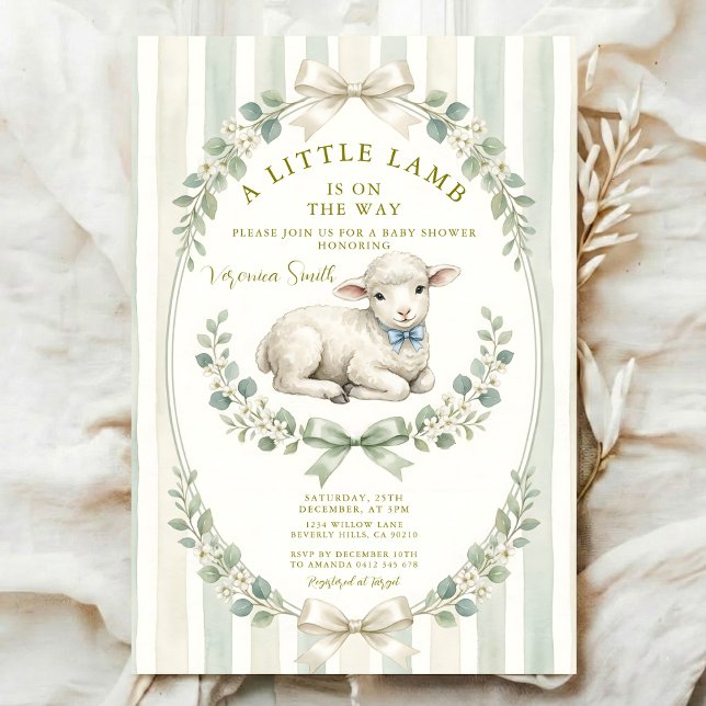 Sage Stripe Little watercolor Lamb Baby Shower Invitation (Creator Uploaded)