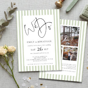 Sage Stripe We Do 3 Photos QR Code Wedding  Invitation