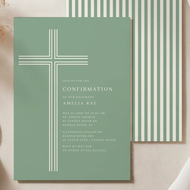 Sage Striped Cross Confirmation Invitation (Creator Uploaded)