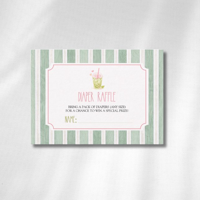 Sage Striped Matcha Bubble Tea Diaper Raffle Enclosure Card (Creator Uploaded)