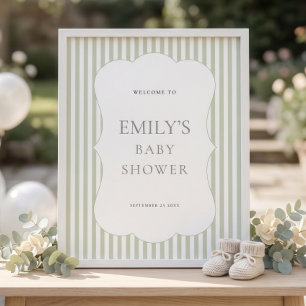 Sage Stripes Scalloped Border Welcome Baby Shower Poster