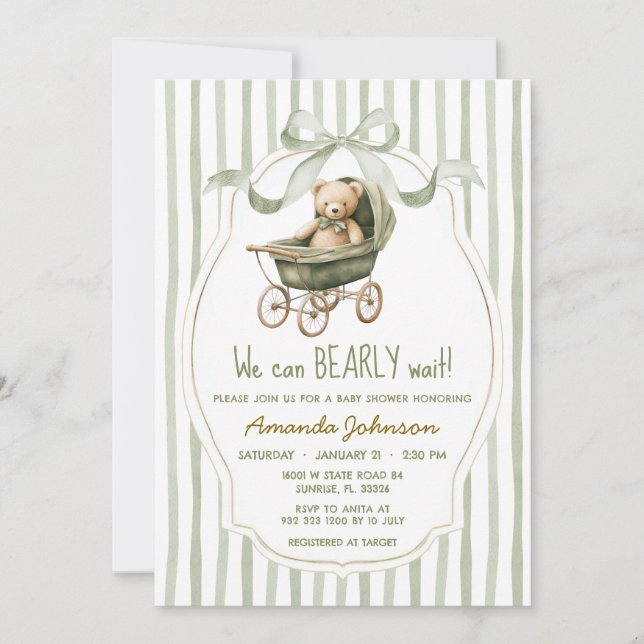 Sage Stroller We Can Bearly Wait Baby Shower  Invitation (Front)