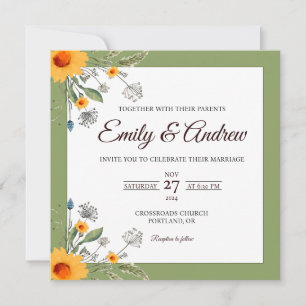 Sage Sunflower Floral Watercolor Square Wedding Invitation