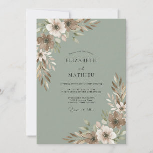 Sage Tan Watercolor Floral Wedding Invitation