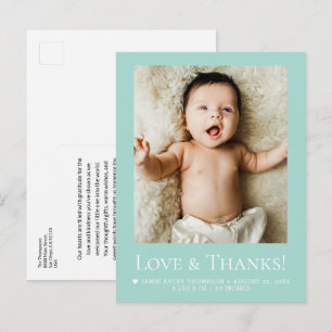 Sage teal Photo Baby Love & thanks Modern Postcard