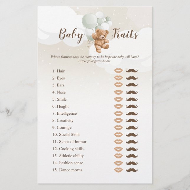 Sage Teddy Bear Baby Traits Game Flyer (Front)