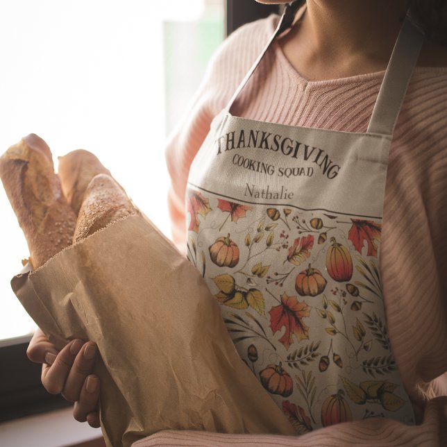 Sage Thanksgiving Cooking Squad Fall Harvest Apron (Elegant Autumn Hand-Drawn Apron with Pumpkins, Oak Leaves, Fall Foliage, Acorns. Personalized Name.)