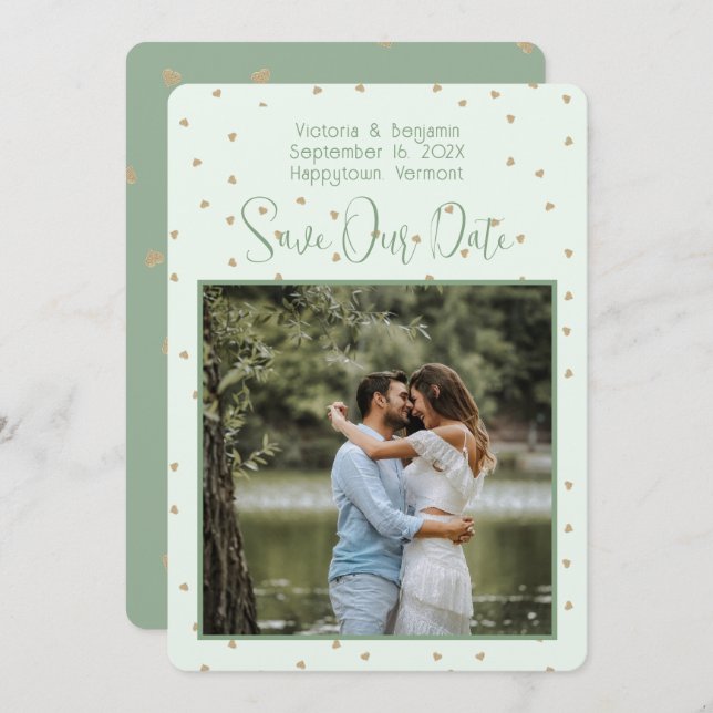 Sage Tiny Hearts Photo Save the Dates Invitation (Front/Back)