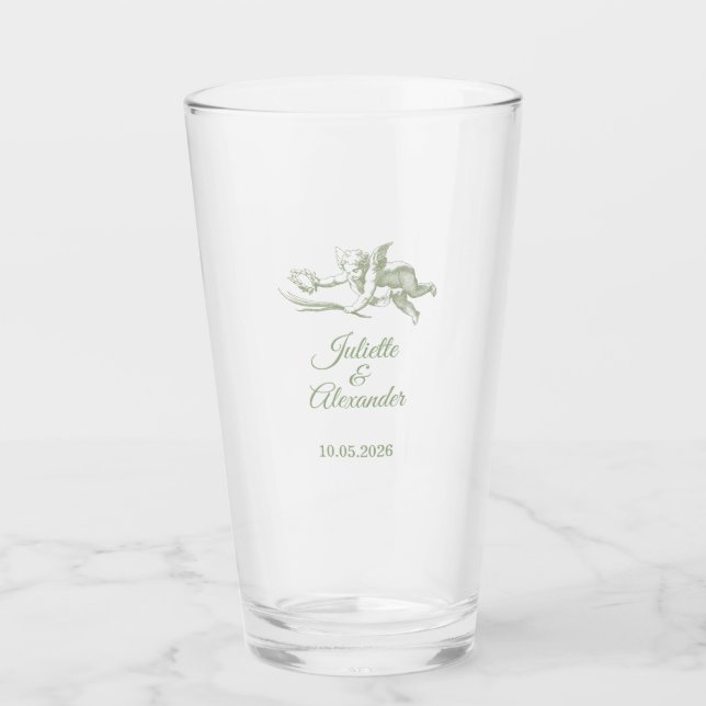 Sage Toile de Jouy Wedding Glass Cup with Cherub  (Front)