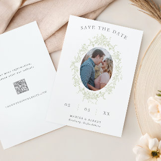 Sage Toile Floral Frame Photo QR Code Wedding Save The Date