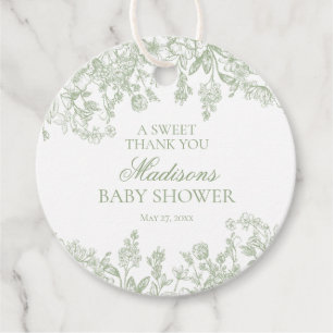 Sage Toile Jouy Vintage Floral Baby Shower Circle Favour Tags