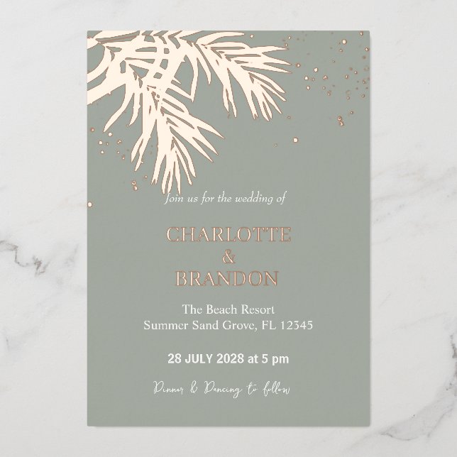 Sage Tropical Palm Leaves Wedding Gold (Front)