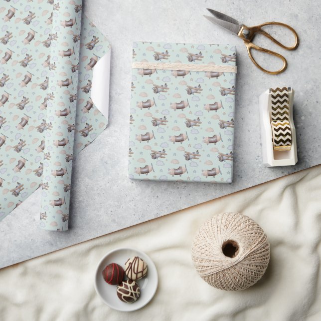 Sage Vintage Aeroplane Sky Pattern Gift Wrap (Crafts)