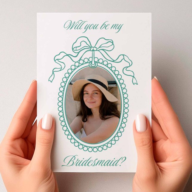 Sage Vintage Beaded Frame Bow Bridesmaid Proposal Invitation (Vintage Beaded Frame Sage)